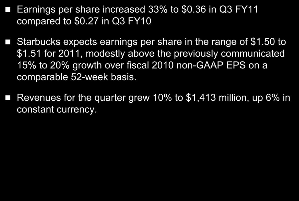 Starbucks Growth Earnings per share increased 33% to $0.36 in Q3 FY11 compared to $0.