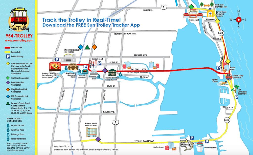 beach link route runs right in front of the resort, and can be taken either north to the beachfront area (or to the Las Olas link connection) or south and then west to the 17 th Street Causeway.