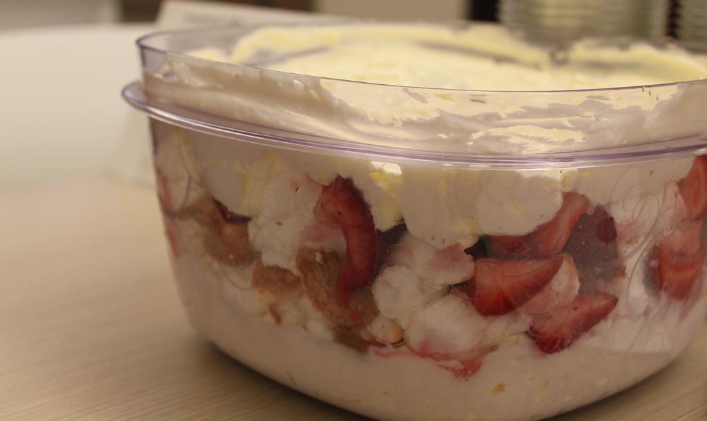Strawberry Trifle 1 (8 oz) container lite frozen whipped topping 2 (8 oz) packages 1/3 fat cream cheese 1 (3.