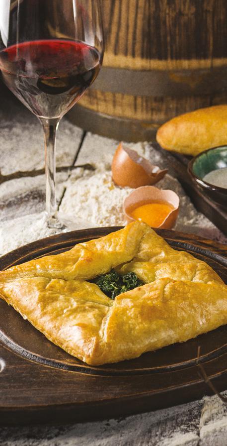 Khachapuri Lobiani 88 (boat with a crispy crust, filled with grated beans) With herbs 105 (pot pie khachapuri with Imereti cheese and aromatic herbs: tarragon, cilantro, parsley) Specialty 127 of the