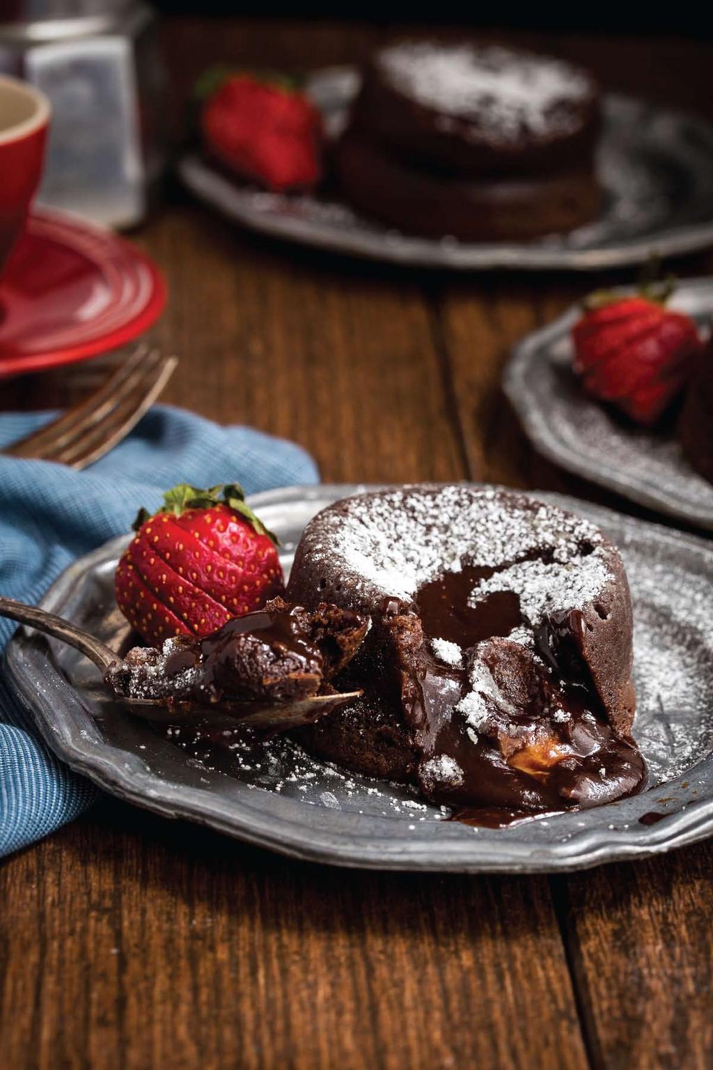 YIELD 4 SERVINGS PREP TIME 10 MINUTES COOKING TIME 9 MINUTES TOTAL TIME 19 MINUTES Fo he caramel candy filled choco ate lava cakes ½ CUP UNSALTED BUTTER + 1 TBSP, ROOM TEMPERATURE 4 OUNCES SEMI-SWEET