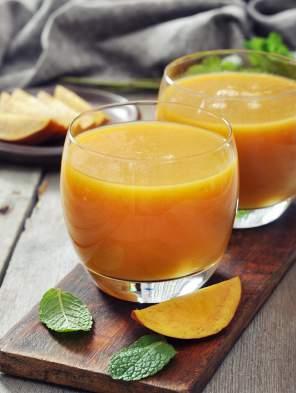 u SNACK Fresh Peach Mango Smoothie RECIPE IS ENERGY BOOSTING / MAKES 2 SERVINGS Mango is a luxurious fruit because it is so sweet and so smooth on the tongue.