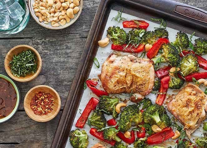 Cashew Chicken with Red Bell Pepper and Broccoli 1 (12-ounce) bag Mann s Broccoli Wokly 1 large red bell pepper 4 boneless chicken thighs (excess skin trimmed or skinless) 1 tablespoon sesame oil ½