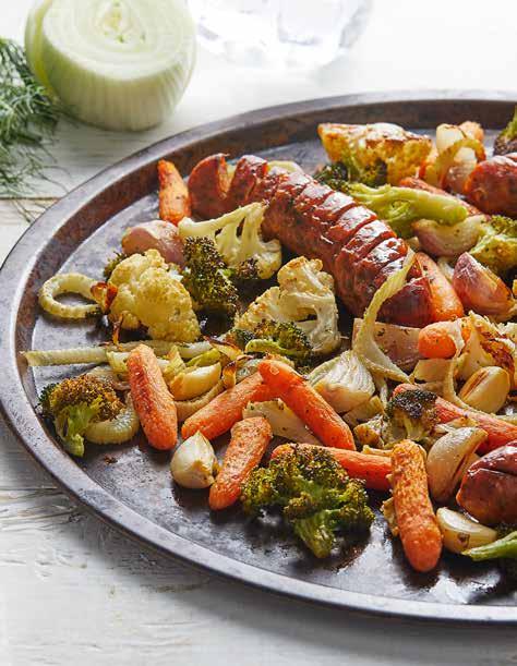 Smoked Sausage and Vegetable Medley 1 (12-ounce) bag Mann s Vegetable Medley 3 smoked chicken sausages ½ a root of fennel, cored and sliced ¼ thick 6 whole garlic cloves, peeled 3 small shallots,