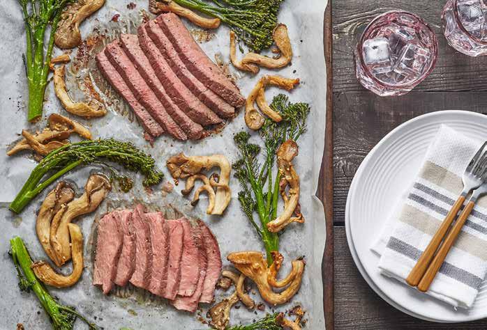 Beef and Broccolini with Garlicky Mushrooms 1 (6-ounce) tray Mann s Broccolini 2 grass-fed steaks, at room temperature (cut is personal preference) 6 ounces oyster mushrooms 1 tablespoon sesame oil,