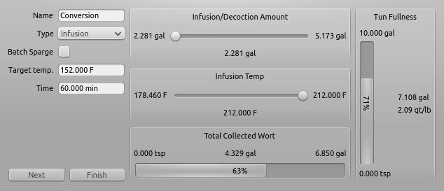temperature of water. Start the amount slider at the far left. You will see that the tun fullness meter on the right shows an infusion ratio of 0.11 qt/lb which is far too low.