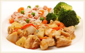 Pineapple Chicken Succulent chicken sauteed with pineapple pieces served with special rice, broccoli and carrots.