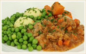 Chicken Casserole Traditional hearty casserole with chicken pieces, served with creamy potato mash, peas and sweet potato.