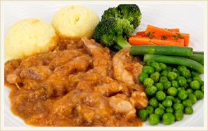 Chicken Stroganoff Tender diced chicken with mushroom in a creamy stroganoff sauce, potato and parsnip mash, carrots, peas, beans and broccoli.
