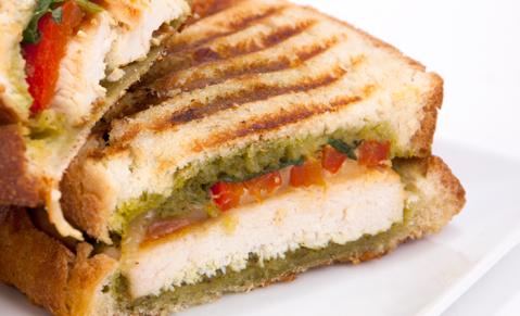 PESTO CHicken Panini Yield: 2 servings Lemon, Garlic and Thyme Chicken 1 boneless, skinless chicken breast, pounded thin 6 strips jarred roasted red pepper 4 slices Italian bread or two mini ciabatta