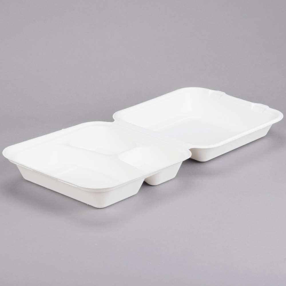 B-WHBRG93HW CONTAINERS - HINGED CARRYOUT 9x9x3 WHITE ECO FRIENDLY 3-SEC CONT 200/CS The EcoChoice 9" x 9" x 3" biodegradable, compostable sugarcane / bagasse 3 compartment takeout box is perfect for