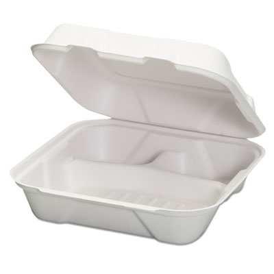 1" G-HF200 CONTAINERS - HINGED CARRYOUT HARVEST FIBER LARGE HINGE CONT 200/CS Our foam hinged carryout containers include handy compartments for proper food storage and separation - perfect