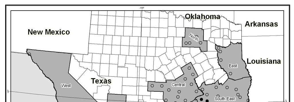 Fig. 1. Map of Texas showing locations of citrus trees surveyed for psyllids and huanglongbing in 2006.