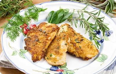 Walnut and Rosemary Oven-Fried Chicken 1/4 cup low-fat buttermilk 2 tablespoons Dijon mustard 4 (6-ounce) chicken breasts 1/3 cup Panko (Japanese breadcrumbs) 1/3 cup finely chopped walnuts 2