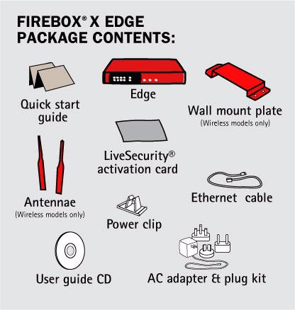 Firebox X Edge e-series User Guide on CD-ROM Firebox X Edge e-series QuickStart Guide LiveSecurity Service activation card Hardware warranty card AC adapter (12V/1.2A) with international plug kit.