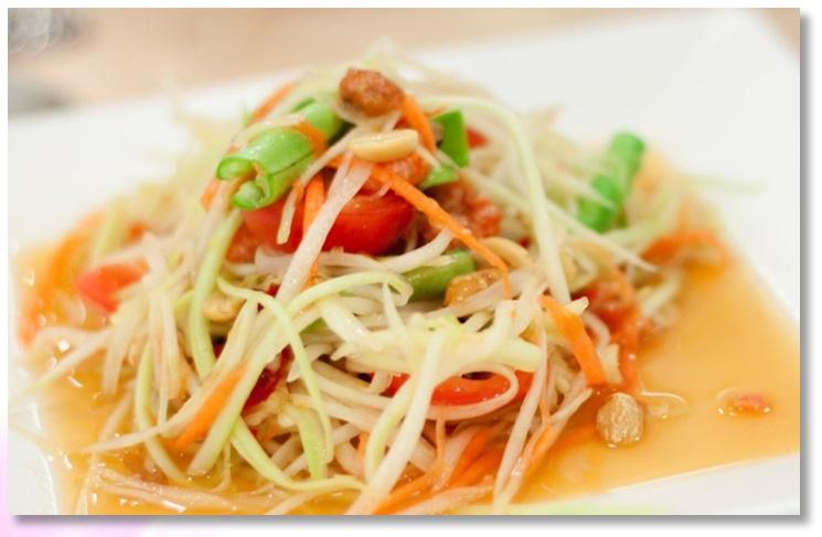50 26. Som Tum (Papaya Salad) 9.50 The most popular dish among women in Thailand made from shredded raw papaya with ground peanuts, tomatoes and green beans in chili lime dressing. Add Shrimp 12.
