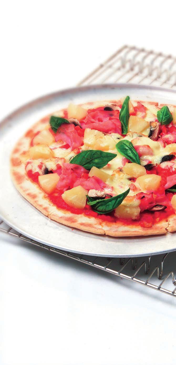 5 serves of fruit and veg Tropical Pizza 5 minutes preparation + 10-15 minutes cooking 25cm pizza base or Turkish bread ¼ cup tomato pasta sauce 100g ham, chopped 225g can pineapple pieces (in