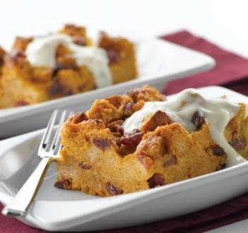 Pumpkin Bread Pudding w/ Brown Sugar Yogurt Sauce Oven Temp: 350 F Cook Time: 45 minutes Servings:15 Pumpkin Bread Pudding 12 slices cracked or whole-wheat bread, cut into cubes (12 cups) 1 cup
