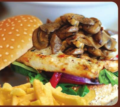 mushrooms, green peppers, bacon and cheese Burger au poulet grillé / Grilled chicken burger 12,25 Champignons, fromage Suisse et sauce B.B.Q.