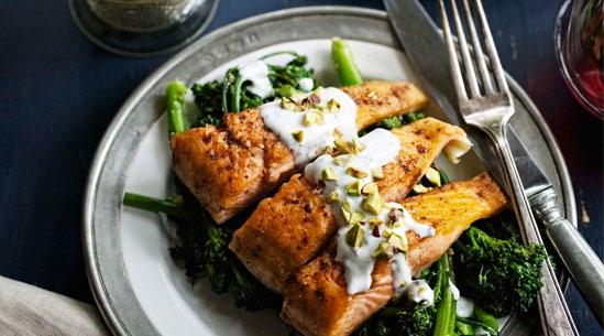 PAN-FRIED ARCTIC CHAR WITH GARAM MASALA, BROCCOLINI AND YOGURT SAUCE Recipe adapted from One Pan, Two Plates by Carla Snyder (Chronicle Books) 30 MINUTES 2 Two 6-ounce skin-on Arctic Char or salmon