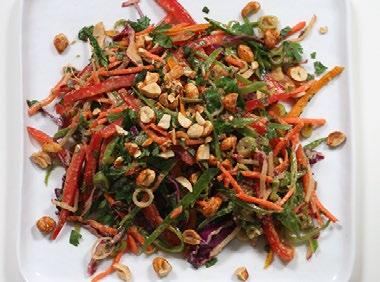 THAI VEGGIE SALAD A PureWow Original Recipe 1 hour 4 6 salad 1 red bell pepper, thinly sliced 1 bunch scallions, thinly sliced 3 cups snow peas, thinly sliced 3 carrots, thinly sliced or shredded 1