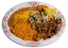 00 Choice of marinated chicken or steak strips with pico de gallo in 4 tortillas with our special sauce melted cheese & avocado on top. Served with rice & beans. PORK CARNITAS... $14.