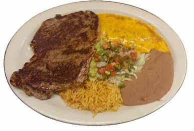 7 Bistec Ranchero Steak chunks, Ranchero-style, cooked with tomatoes, onions & jalapeño; served with rice and refried