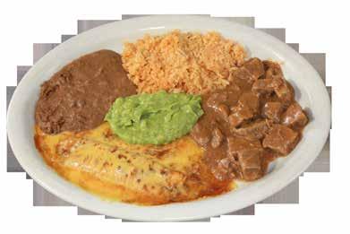 #11 No. 11 Texas Plate Beef & gravy, two enchiladas (Yellow cheddar cheese), rice, beans & guacamole. $11.99 No.