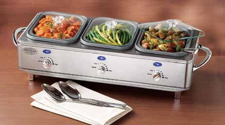 The warming tray can also be used alone and has two cool touch handles and adjustable heat control.