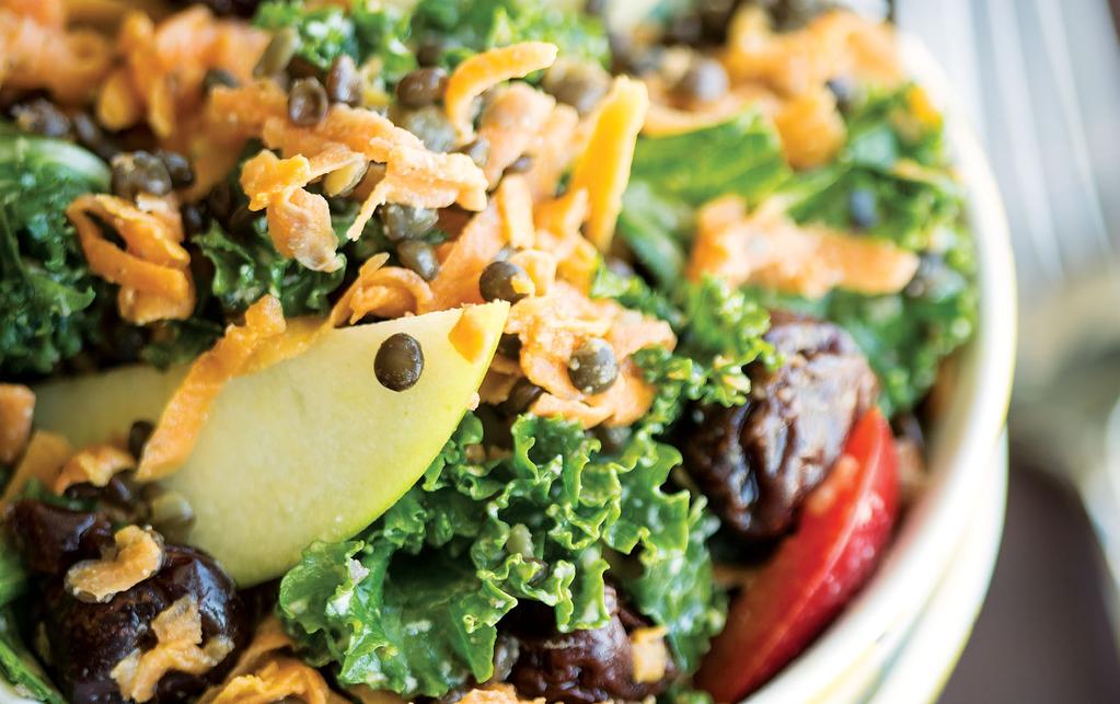 Kale, Lentil and Sweet Potato Salad SERVES 8 When you give kale a good massage with dressing, the kale becomes tender and much less bitter tasting.