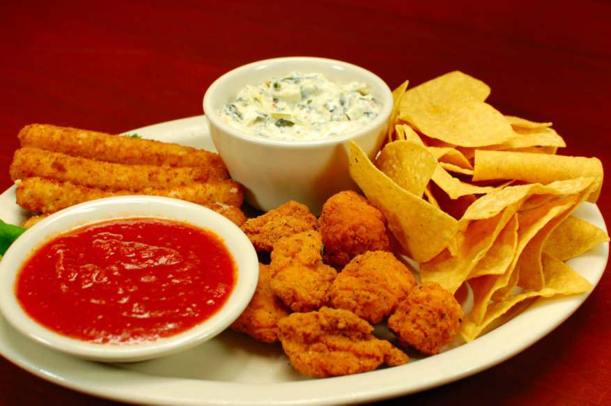 Appetizers Appetizer Platter Spinach & Artichoke Dip Spinach, artichoke hearts, cream cheese, garlic, red pepper, pepper jack cheese and fried