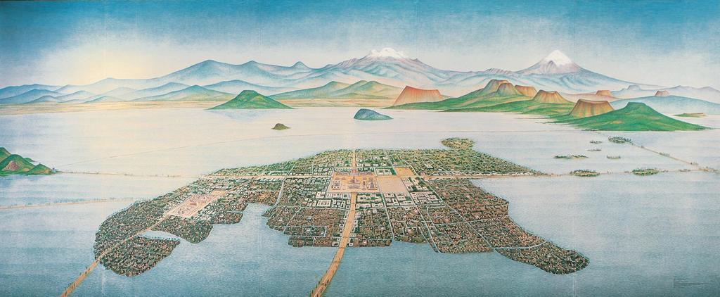 Artists Rendering of Tenochtitlán Amid tribal strife in the fourteenth century, the Aztecs built a capital on a small island in a lake in the central Valley of Mexico.