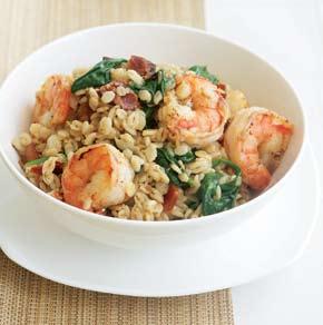 Lemon Barley Risotto with Shrimp, Bacon & Spinach 6 slices bacon 1 lb. shrimp (31 to 40 per lb.), peeled 1 2 cup chopped shallots or onions 1 1 3 cups quick-cooking barley 1 Tbs.