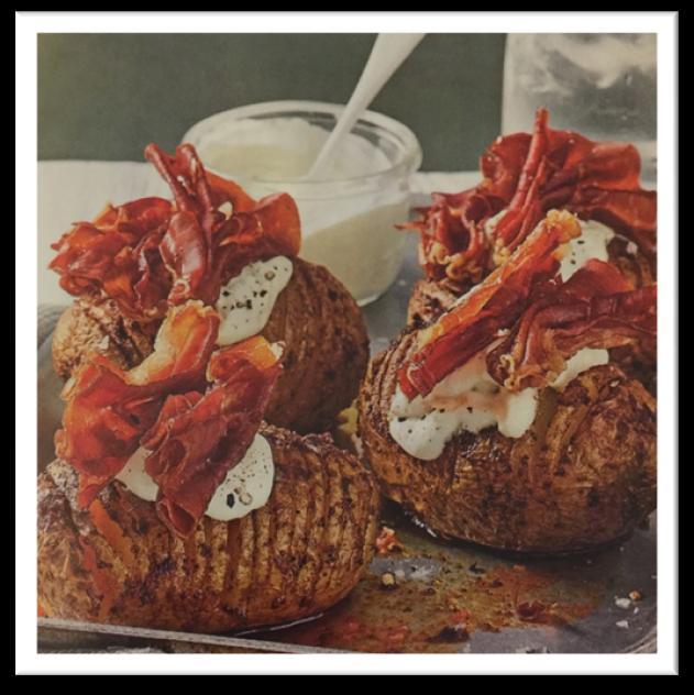 HASSELBACK SWEET JACKET POTATO Serves 2: INGREDIENTS 2 medium sweet potatoes 25g/2oz organic butter 1 tsp smoked paprika 4 slices prosciutto ham 4 tbsp natural yoghurt Handful of chives, finely
