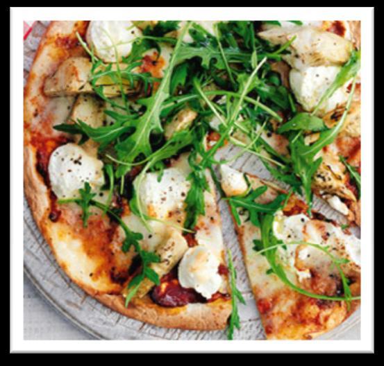 TORTILLA PIZZA Serves 2: Ingredients: 2 wholemeal tortillas 4 tbsp tomato puree 50g goats cheese, sliced thinly 2 figs, sliced thinly Handful rocket leaves Black pepper Pre-heat the oven to 200