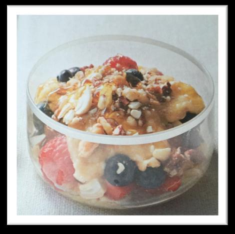 FRUIT CUP SUNDAE Serves 1 Ingredients: 1 ripe banana, peeled Handful mixed berries (strawberries and raspberries are great) 3 unsalted walnuts 5 unsalted cashew nuts 3 unsalted pecans 1
