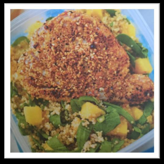 SESAME CRUSTED TUNA STEAKS WITH QUINOA & MANGO SALAD & A GINGER SOY DRESSING Serves 2: Ingredients: Salad: 120g quinoa 75g ripe mango pieces, about 1cm cubed (from 1 small mango) 50g baby spinach