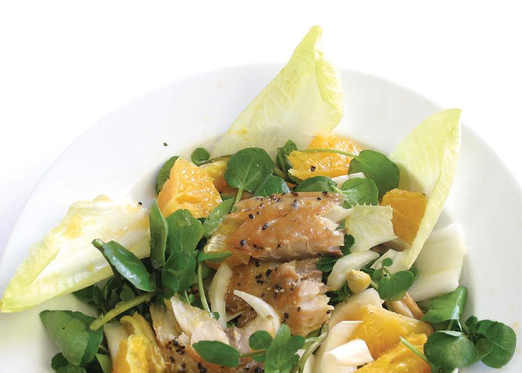 Calories per portion: 355 2 large oranges 8oz of smoked mackerel fillets with peppercorns, skinned (may substitute tuna) 2 endive heads 3oz (2½ cups) watercress 1 tbsp olive oil 2 tsp wholegrain