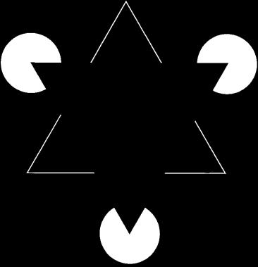 Slika 7 Kanizsa trougao. Većina osoba vidi svijetlo bijeli trougao koji zaklanja osnovni trougao i nepotpuna tri crna kruga.