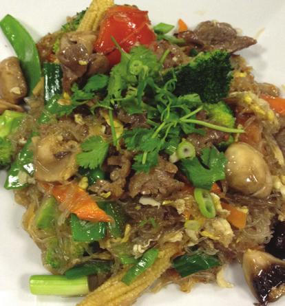 *Mama Kee Mao Stir-fried yellow egg noodle, with egg, onion, scallion, bell pepper, mushroom, basil leaf in a medium spicy sauce. 42.