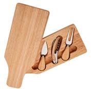BOTTLE SHAPED RUBBER WOOD CHEESE BOARD WITH 3 UTENSILS SLIDE THE TOP AND INSIDE ARE A CHEESE KNIFE, CHEESE FOR, AND A CORK SCREW. THE BOARD MEASURES 13" X 4.