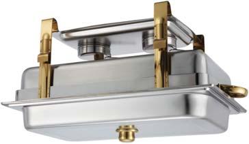 TWO TONE CHAFING DISH GOLD ACCENTS ON THE LEGS AND HANDLES.