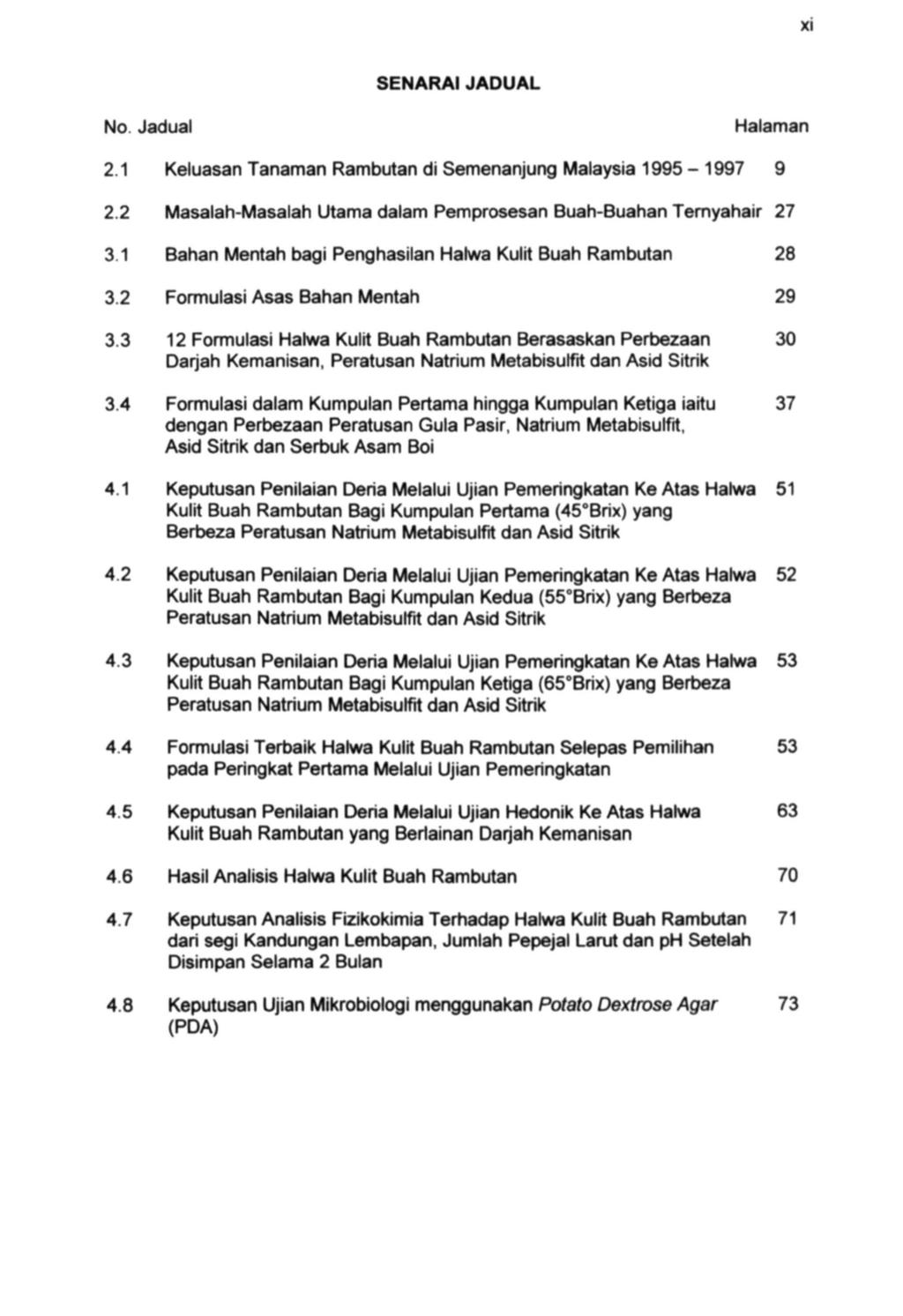 XI SENARAI JADUAL No. Jadual Halaman 2.1 Keluasan Tanaman Rambutan di Semenanjung Malaysia 1995-1997 9 2.2 Masalah Masalah Ulama dalam Pemprosesan Buah Buahan Temyahair 27 3.