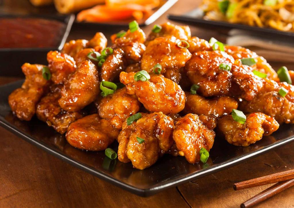 MALAYSIA Asian Orange Chicken Portions: 4 Serving Size: 230 g Calories: 244 Protein: 14 g Carbohydrates: 21 g Fat: 12 g Cholesterol: 37 mg Sodium: 253 mg Potassium: 240 mg Phosphorus: 118 mg Calcium: