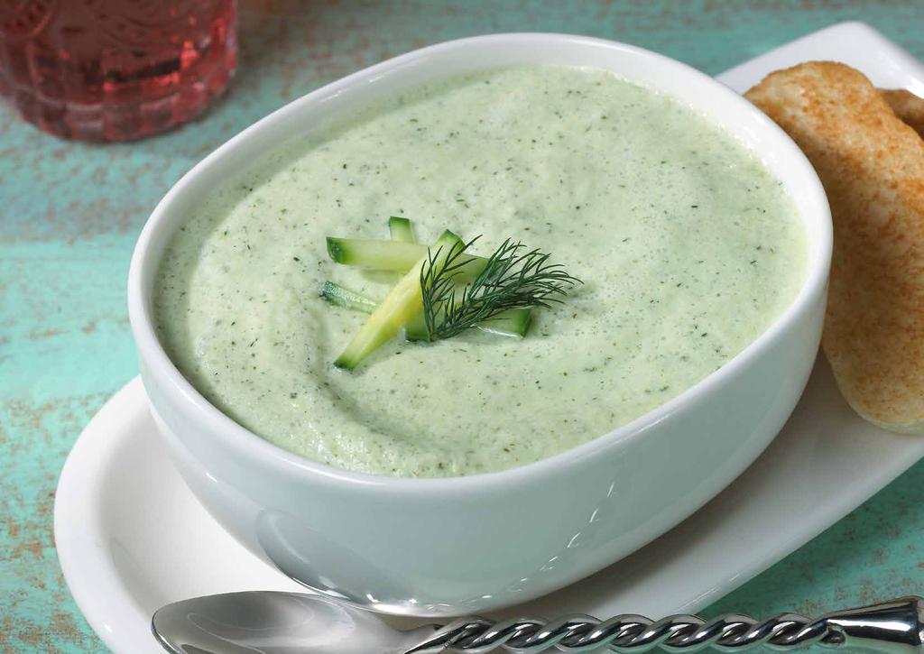 SAUDI ARABIA Cool Cucumber Soup Portions: 5 Serving Size: 170 g Calories: 78 Protein: 2 g Carbohydrates: 6 g Fat: 5 g Cholesterol: 12 mg Sodium: 128 mg Potassium: 256 mg Phosphorus: 64 mg Calcium: 60