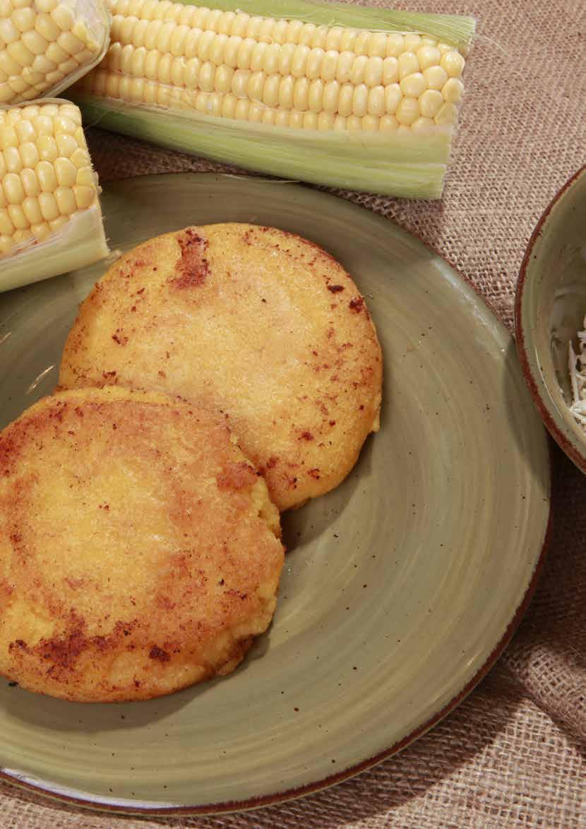 COLOMBIA COLOMBIA Festive Egg Scramble Portions: 8 Serving Size: 80 g Grilled Corn Cakes (Arepas) with Cheese Calories: 92 Cholesterol: 186 mg Protein: 7 g Sodium: 105 mg Carbohydrates: 3 g
