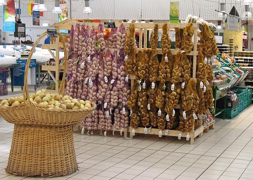 The garlic section of a French market.