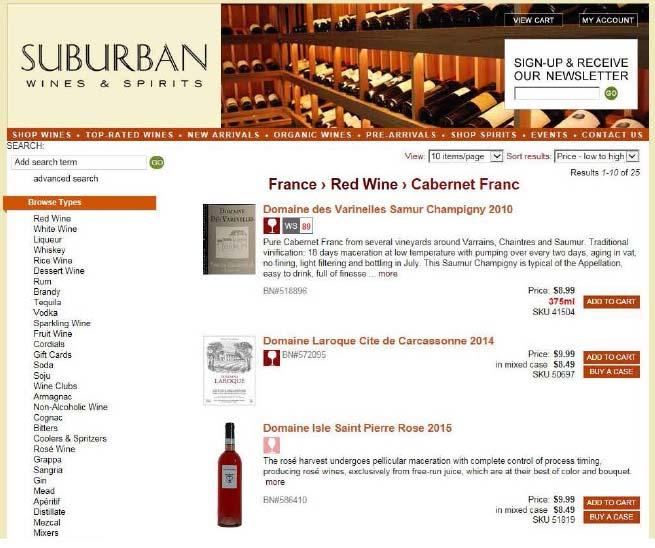 Likewise, Suburban Wines & Spirits advertises several wines together under the heading France>Red Wine>Cabernet Franc.