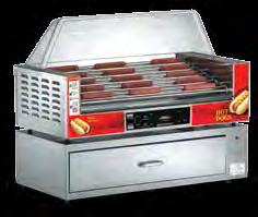 clean Separate temperature and roller controls for front five and rear five rollers Recessed controls & switches away from food Holds 27 quarter pound hot dogs #87 Bun Warmer holds up to 54 buns All