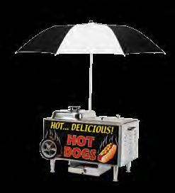 Additional pans and lids also available Call for details Item # 8080NS Hot Dog Steamer Cart WxDxH 29.5 x8.5 x3.25 With Umbrella 29.5 x8.5 x52 200 Voltage 20 Ship Wt. 40 lbs Metric (cm): 74.93 x 46.